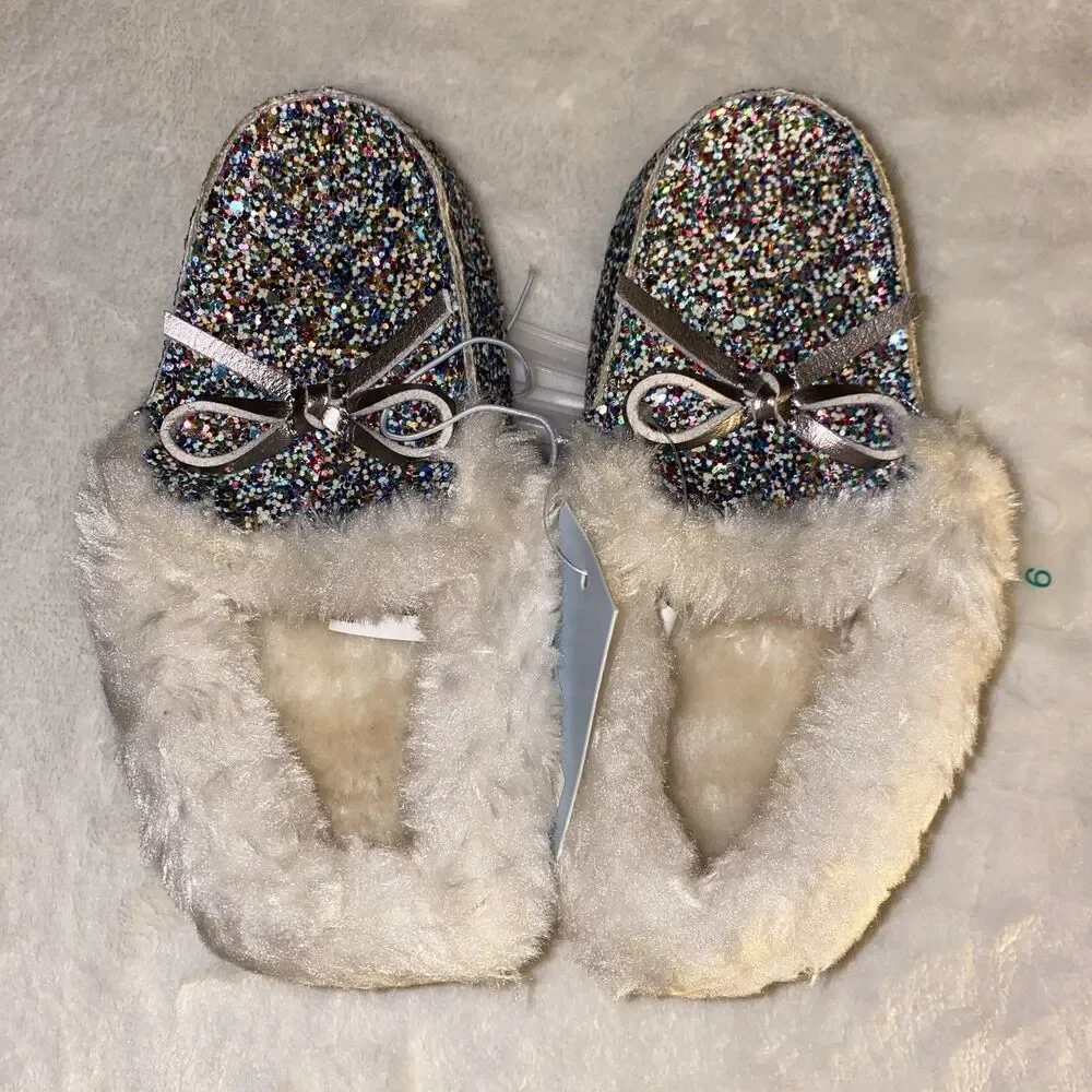 Cat and Jack‎ Moccasins Slippers Slip- On Rainbow Glitter Medora Size 9 NEW!